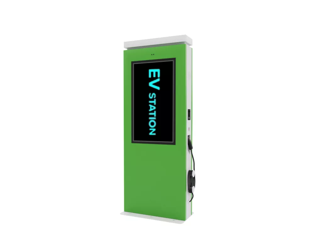 Hushida's electric vehicle charging stations feature 32"-65" LCD advertising displays. Get IP65 rating, emergency protection, and effective heat dissipation. Perfect for parking lots and public spaces. Order your customizable EV charging advertising machine.